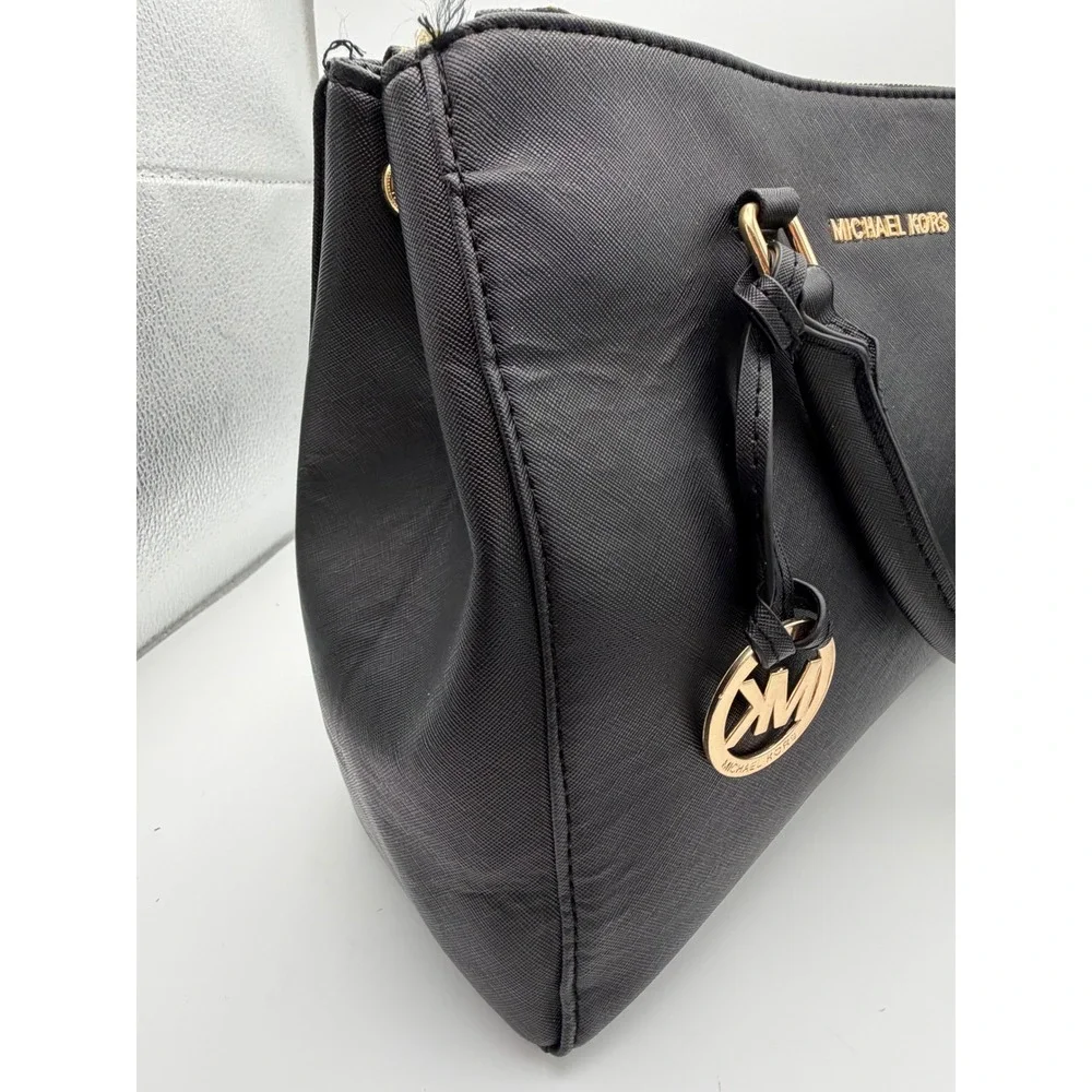 Michael Kors Black Saffiano Leather Tote Bag Gold Hardware MK Logo Handbag